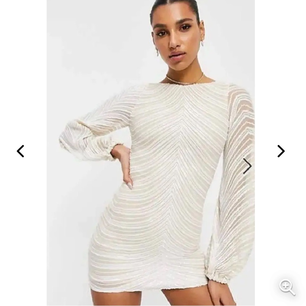 Club L London Ivory Striped Sequin Gathered Sleeve Mini Dress Size 10